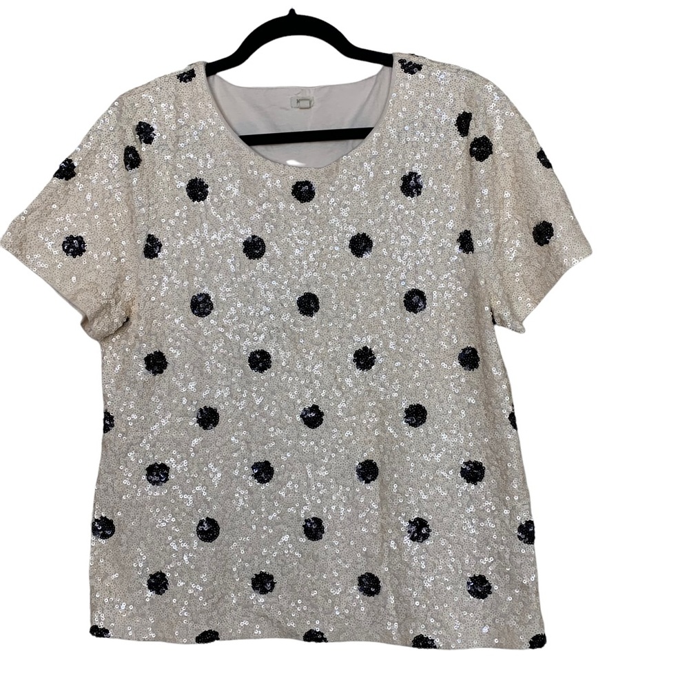 J Crew Factory Sequined Polka Dot Cream Black Scoop Neck Embellished Blouse Top
